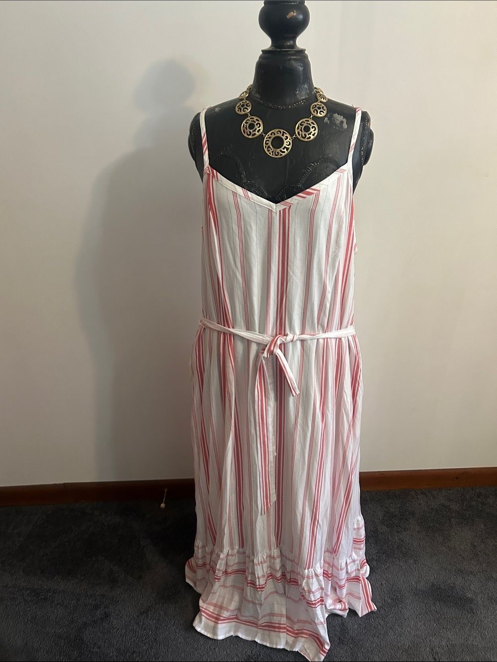 Torrid Striped White and Pink Maxi Dress with Tie Waist
